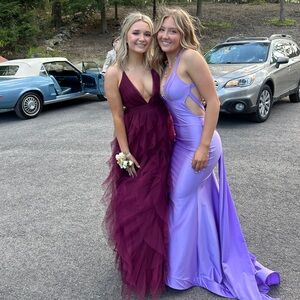 Magenta Cross-Back Plunge V Ruffle Maxi Prom Dress
